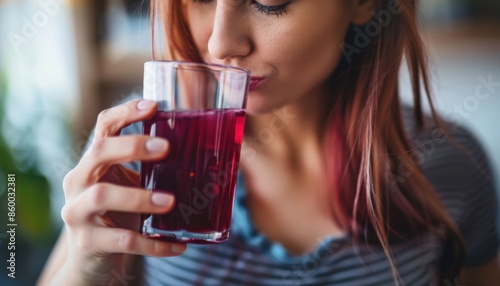 Woman enjoying a refreshing glass of juice indoors. Healthy lifestyle, wellness, and delicious beverage concept.