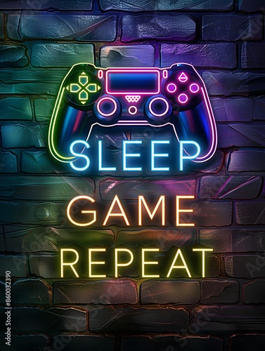 Neon sign features Gamer game controller, with text eat sleep game repeat , pastel  neon color theme, background, wallpaper, wall art, photo, poster