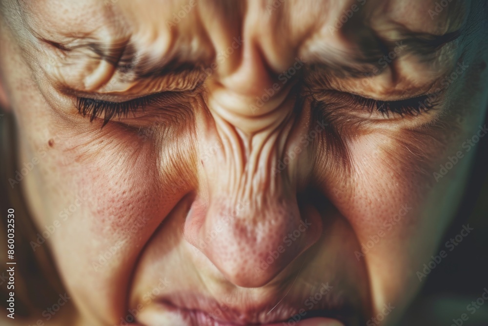 Close-up of a person's face with eyes closed, showing intense emotion through tightly scrunched features and furrowed brow. Close-up of a person's face with eyes closed, showing intense emotion through tightly scrunched features and furrowed brow.