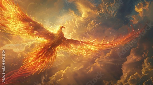 Phoenix Rising Through Golden Clouds, Digital Painting photo