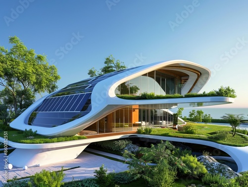 A futuristic house design with solar panels set in a lush environment, perfect for a background or wallpaper © qorqudlu