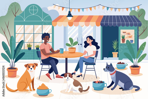 Cozy Pet Cafe Terrace. Illustration of a cozy cafe terrace where pet owners and their dogs enjoy a relaxing time together
