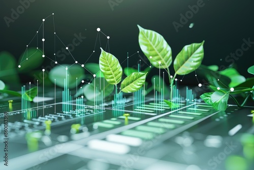 Digital growth concept with green leaves and data graphs symbolizing eco-friendly technology and sustainable development.