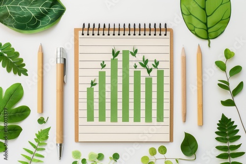 Eco-friendly business growth concept with green bar graph on notebook surrounded by leaves, pencils, and pen.