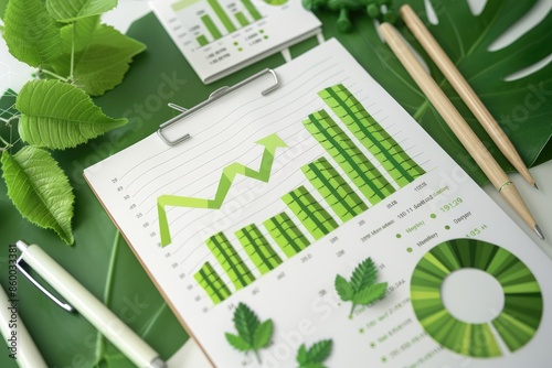 Eco-friendly business growth charts on a clipboard, surrounded by green leaves, reflecting sustainability and data analysis.