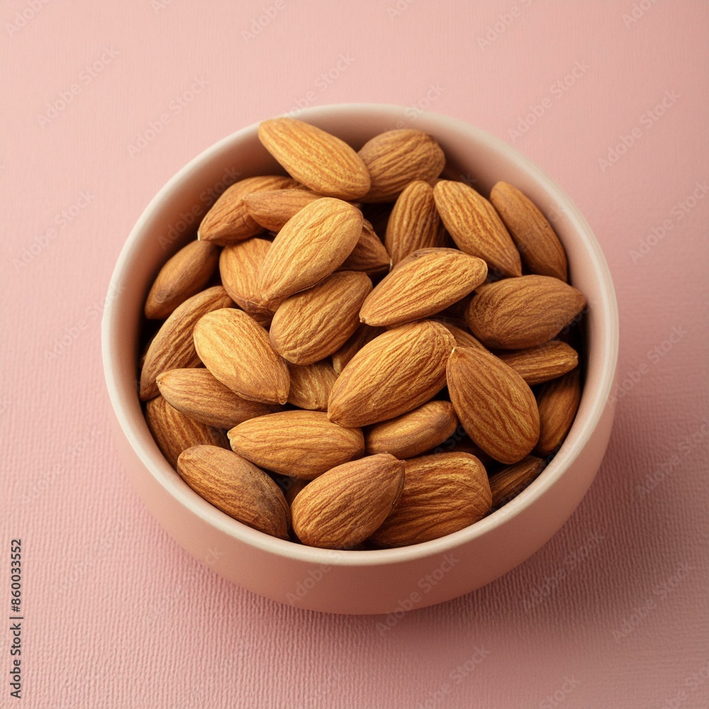 Fresh almonds nut in bowl on pink background Fresh almonds nut in bowl on pink background