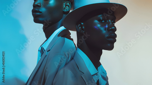 Two fashion black men Fashionable portrait of african american male models Wear suit coat and hat : Generative AI