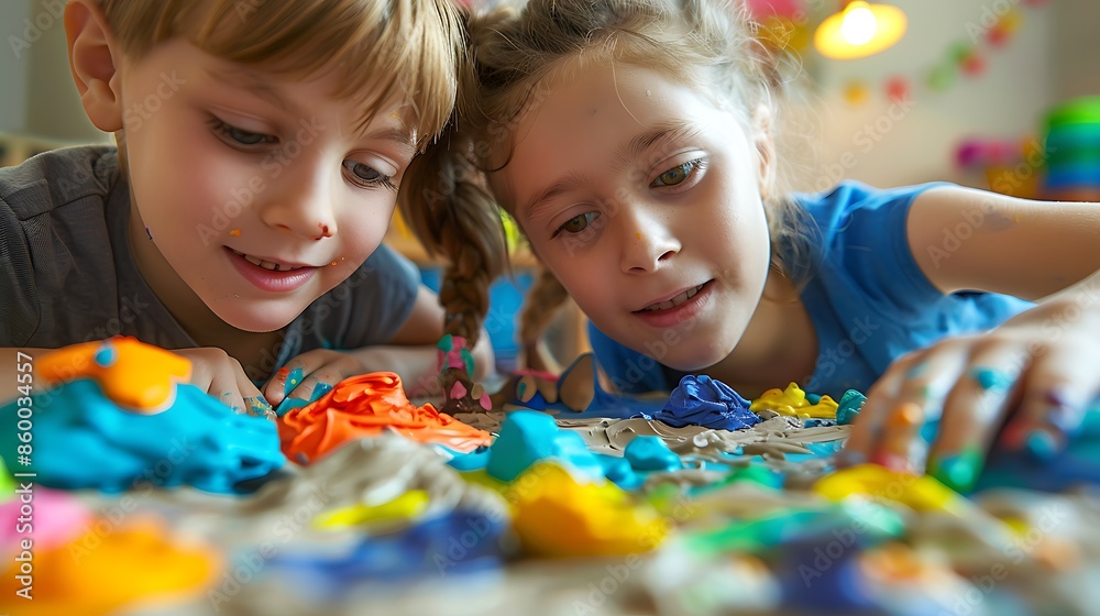 Siblings playing with clay, creating bright, imaginative shapes and figures. Siblings playing with clay, creating bright, imaginative shapes and figures.