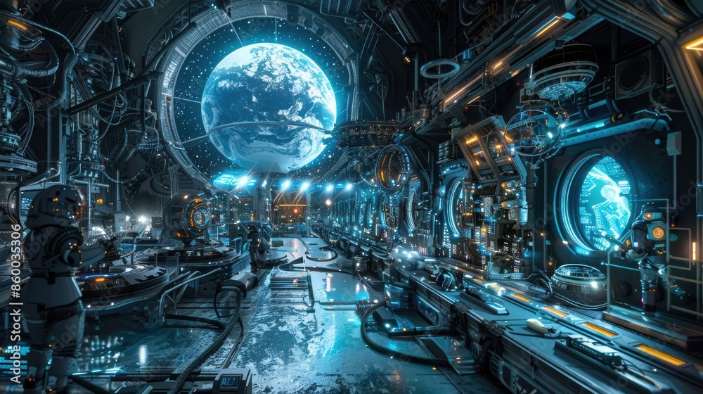 A panoramic view of a high-tech research lab orbiting a distant planet, filled with glowing devices and scientists in futuristic suits A panoramic view of a high-tech research lab orbiting a distant planet, filled with glowing devices and scientists in futuristic suits