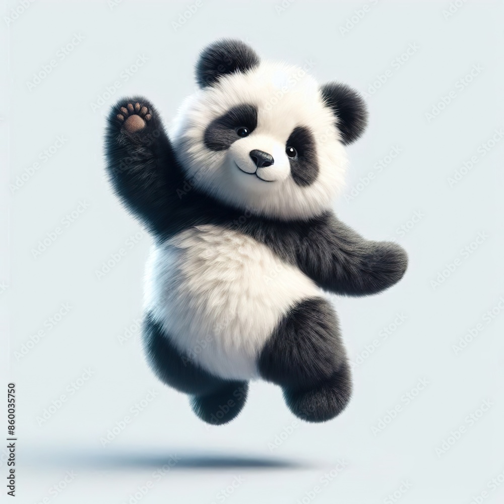 a fur plush stuffed panda teddy bear, jumping a fur plush stuffed panda teddy bear, jumping