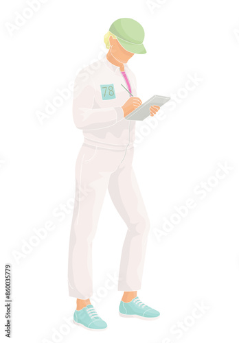 smiling golf club staff character  female caddie with clash notebook