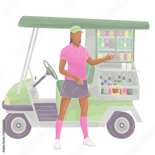 smiling golf club staff character African American female caddie with beverage golf car