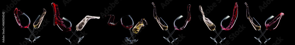 Fototapeta premium Set of red wine and champagne glasses on isolated on a black background