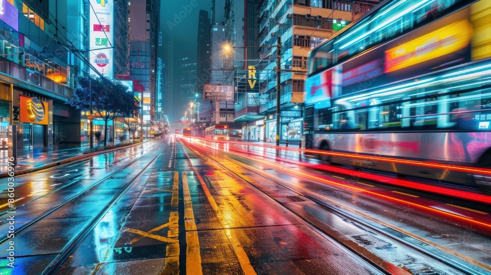 Hong Kong Cityscape with a Blurred Bus and Neon Lights Hong Kong Cityscape with a Blurred Bus and Neon Lights