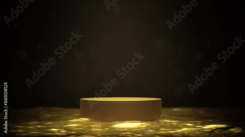 Golden luxurious blank podium shelf with particle bokeh background with luxury concept. Museum or gallery backdrops for product. 3D rendering. Animation Seamless loop.


