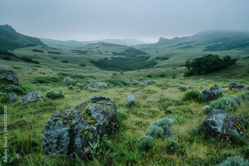 Naklejka premium Rolling Hills of Green in the Mist
