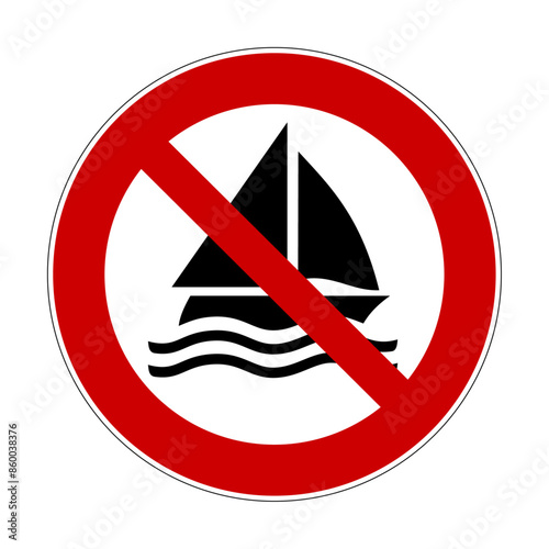No sailing sign. Vector illustration of red crossed out circle sign with sailing boat icon inside. Prohibition symbol. Collision with people in the water.