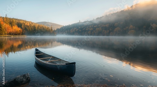 Peaceful Canoe on Misty Mountain Lake at Dawn