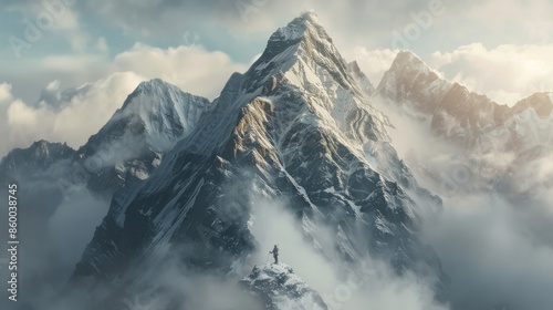 Majestic Snow-Capped Mountain in Misty Clouds