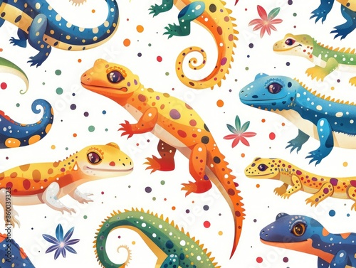 lizards with tree branches set with cartoon reptile animals , tropical wildlife. ai generated