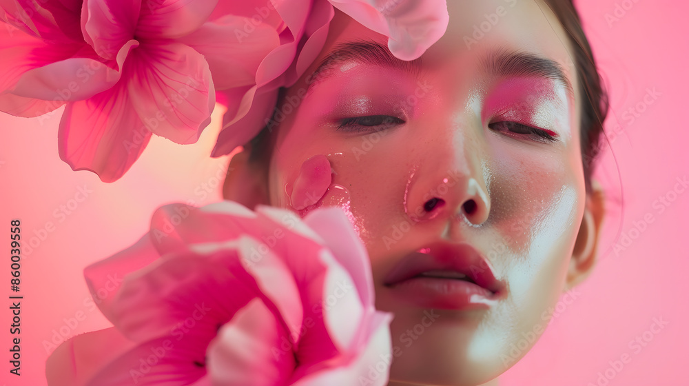 woman makeup pink portrait model girl spa face beauty flower blush : Generative AI