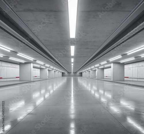 Empty underground parking lot with empty concrete floor and white walls, with lighting, photorealistic, 3d render,