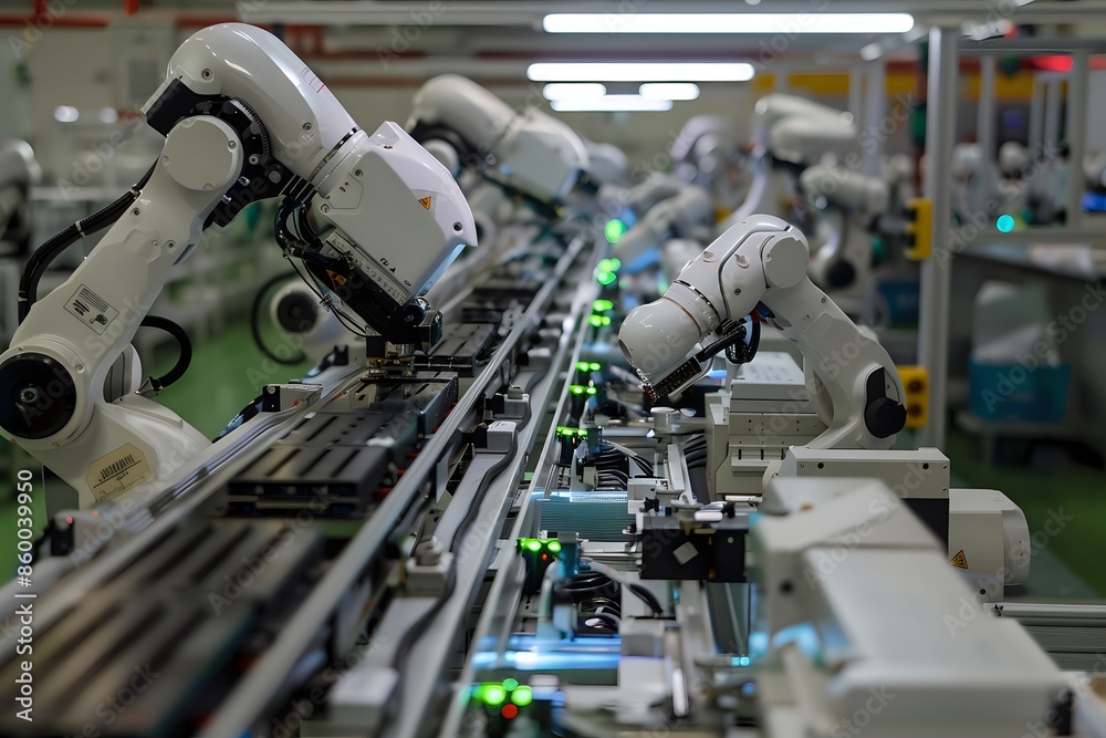 Close-up of industrial robots working on an assembly line. Close-up of industrial robots working on an assembly line.