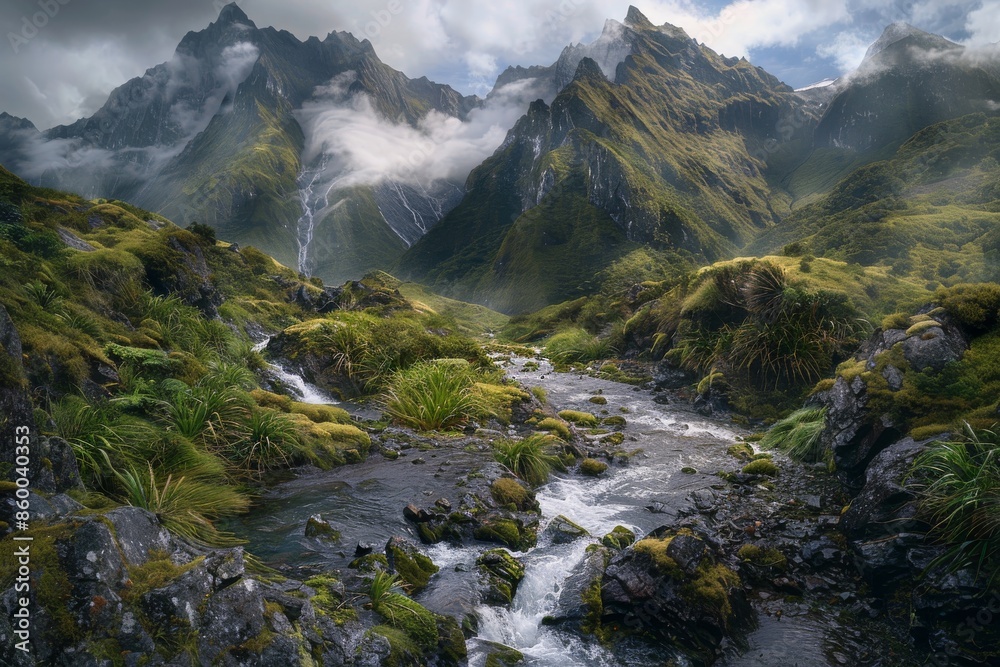 Fototapeta premium Mountain Stream and Misty Peaks