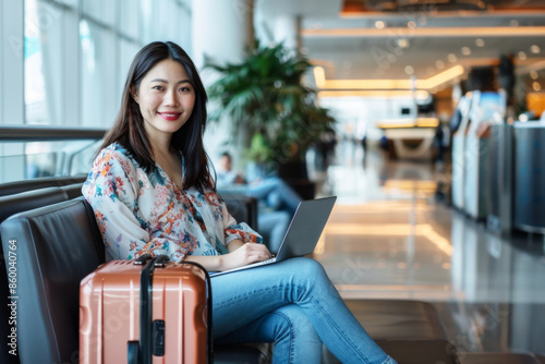 Female traveler in an airport lounge intently works on a laptop, with a suitcase. Digital nomad lifestyle through the seamless blend of work and travel, ready for the next journey photo