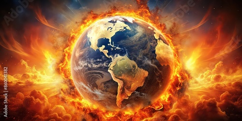Fototapeta Naklejka Na Ścianę i Meble -  Dramatic stock photo of a world exploding in a fiery blaze, catastrophe, destruction, apocalypse, global disaster