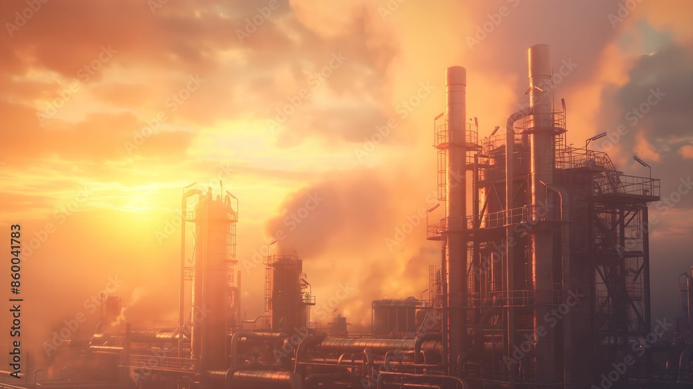 Obraz premium A gas production plant with pipes and tanks during sunset