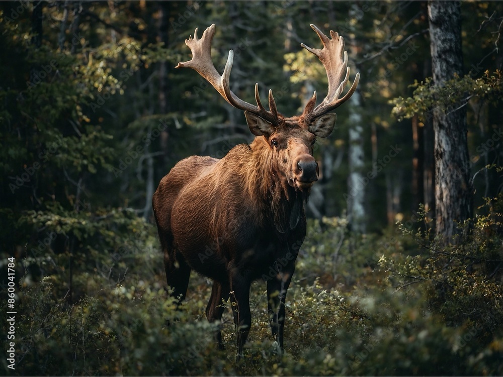 Fototapeta premium A towering moose stands tall in the middle of a quiet forest. There were enormous antlers soaring into the sky. sunlight shining through leaves