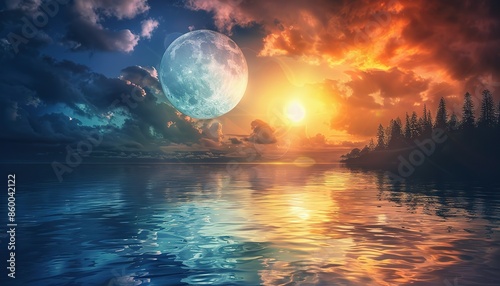 Sunrise and Moonrise over a Tranquil Sea