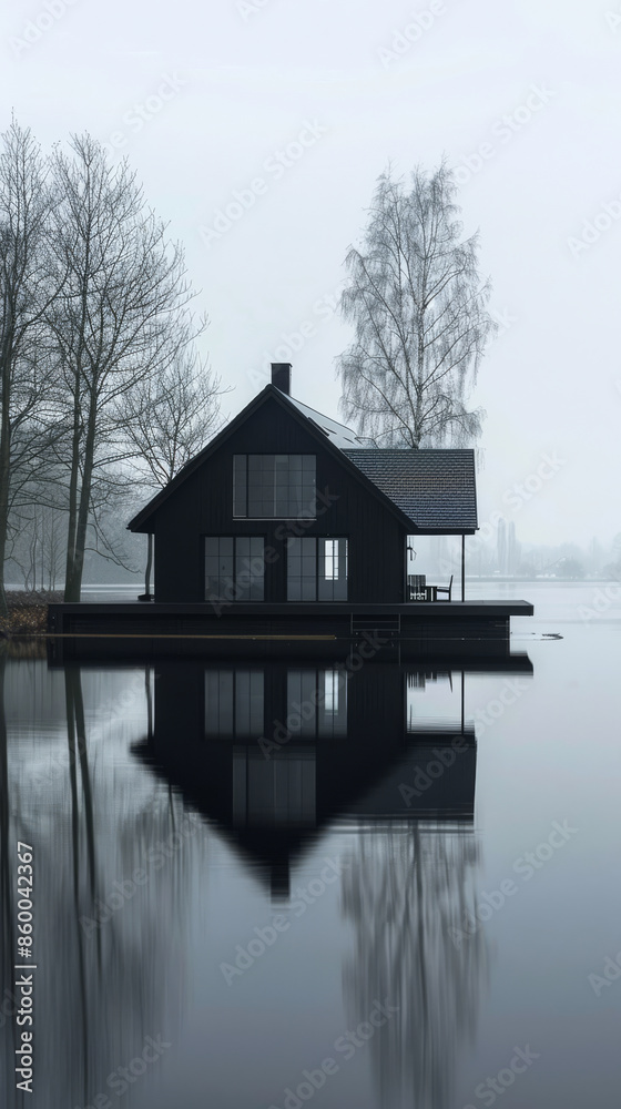 Fototapeta premium A small dark-colored wooden house on the lake. The house is reflected in the water, the lighting is cold, foggy morning. In the background there are mountains and forest, dark trees