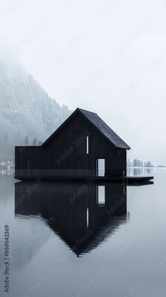 Fototapeta premium A small dark-colored wooden house on the lake. The house is reflected in the water, the lighting is cold, foggy morning. In the background there are mountains and forest, dark trees