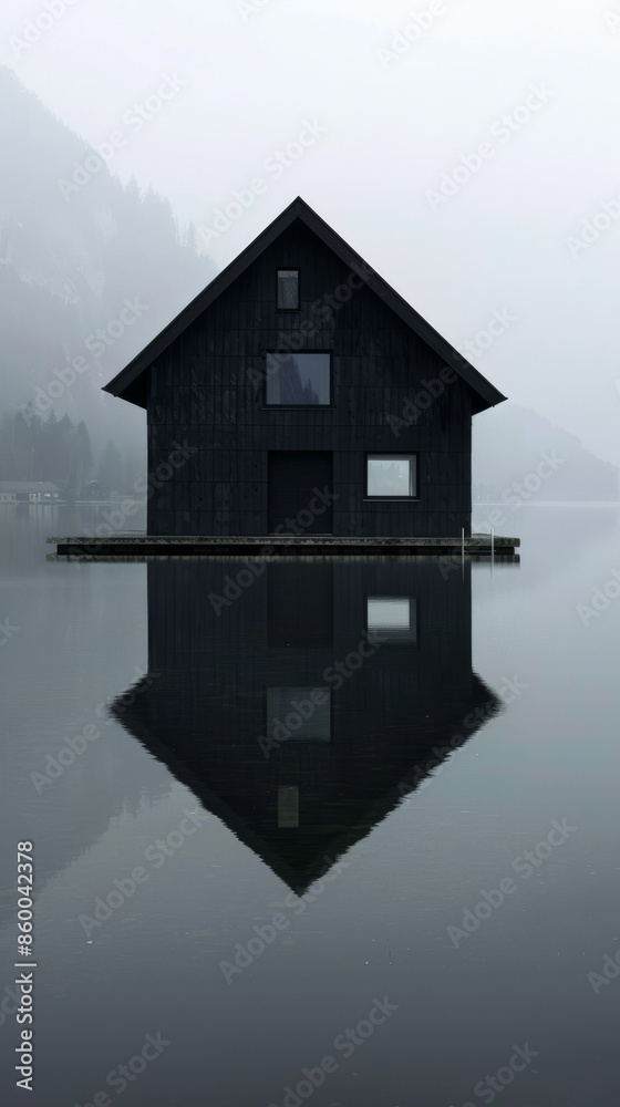 Fototapeta premium A small dark-colored wooden house on the lake. The house is reflected in the water, the lighting is cold, foggy morning. In the background there are mountains and forest, dark trees