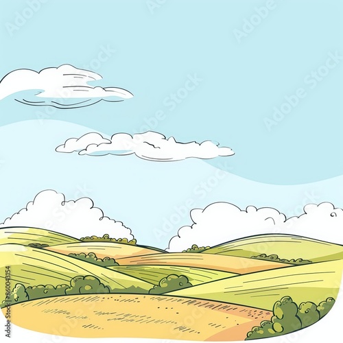 A cute cartoon Style ofA picturesque landscape with rolling hills and a clear blue sky