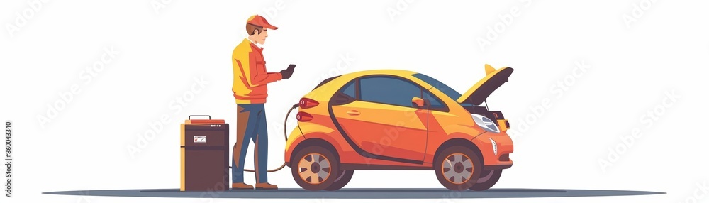 Naklejka premium A cute cartoon Style ofA technician installing a new battery in an electric car