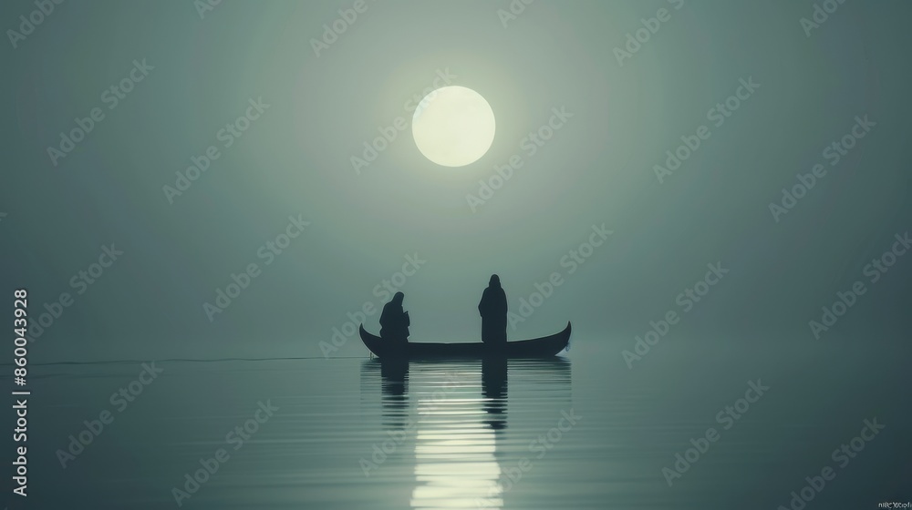 Naklejka premium A cinematic scene of Jesus walking on water towards his disciples in a boat under a moonlit sky, with reflections on the calm waters. The disciples watch in amazement and disbelief, adding to the dram