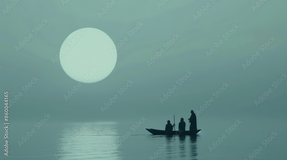 Naklejka premium A cinematic scene of Jesus walking on water towards his disciples in a boat under a moonlit sky, with reflections on the calm waters. The disciples watch in amazement and disbelief, adding to the dram