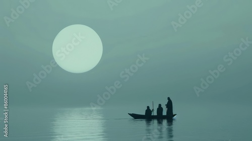 A cinematic scene of Jesus walking on water towards his disciples in a boat under a moonlit sky, with reflections on the calm waters. The disciples watch in amazement and disbelief, adding to the dram