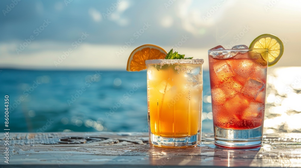 Obraz premium Two cocktails on a summer sea background