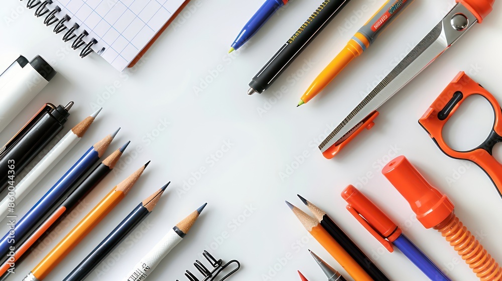 pen, pencils, scissors and marker, top view, flatlay white background, pen, pencils, scissors and marker, top view, flatlay white background,