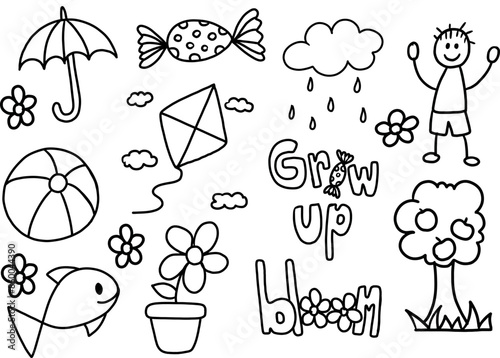 Hand drawn cute outlines of umbrella, candy, kite, boy, fish, flower, apple tree, ball, fish for good old days, spring, summer, picnic, nature, garden, cute patches, sticker, print, colouring book, ad