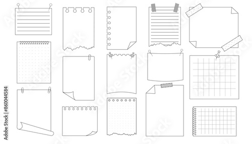 Memo sticky note reminder sheet paper. Doodle paper frame, check list with pin, tape, paperclip elements. Set cute notes, office or school messages.