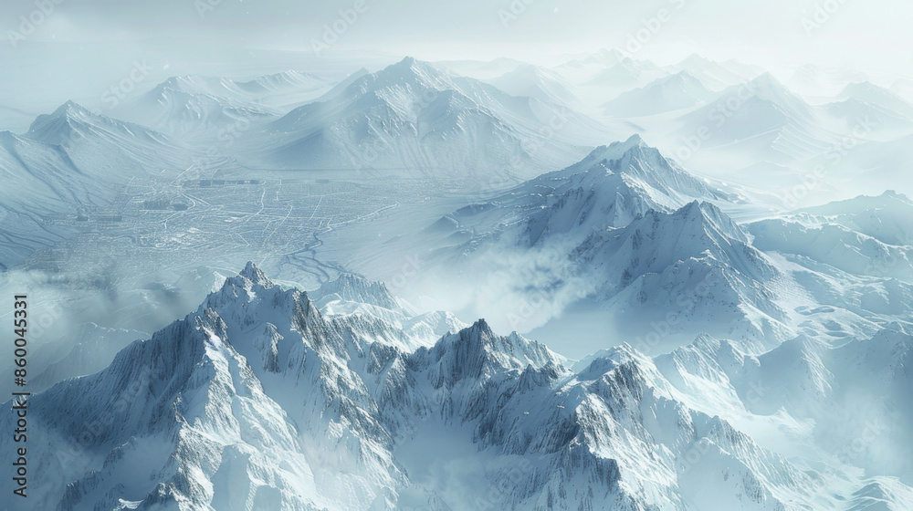 Expansive view of snow-covered mountain peaks and ridges under a cloudy sky, creating a serene and majestic winter landscape. Expansive view of snow-covered mountain peaks and ridges under a cloudy sky, creating a serene and majestic winter landscape.