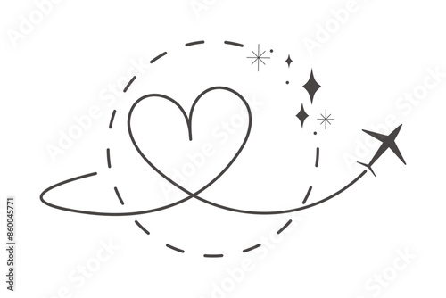 Itinerary dashed trace, line airplane flight, dotted path, aircraft tracking simple minimal trip isolated on white background. Plan with start point. Tattoo