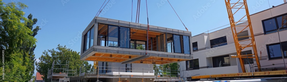 Modular home construction site with a crane lifting a prefabricated house section into place on a sunny day. Modular home construction site with a crane lifting a prefabricated house section into place on a sunny day.