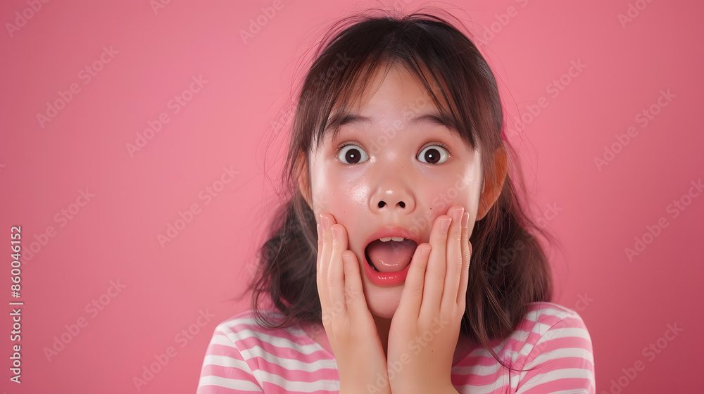 Young Asian teenage girl surprised excited isolated on pink background : Generative AI Young Asian teenage girl surprised excited isolated on pink background : Generative AI