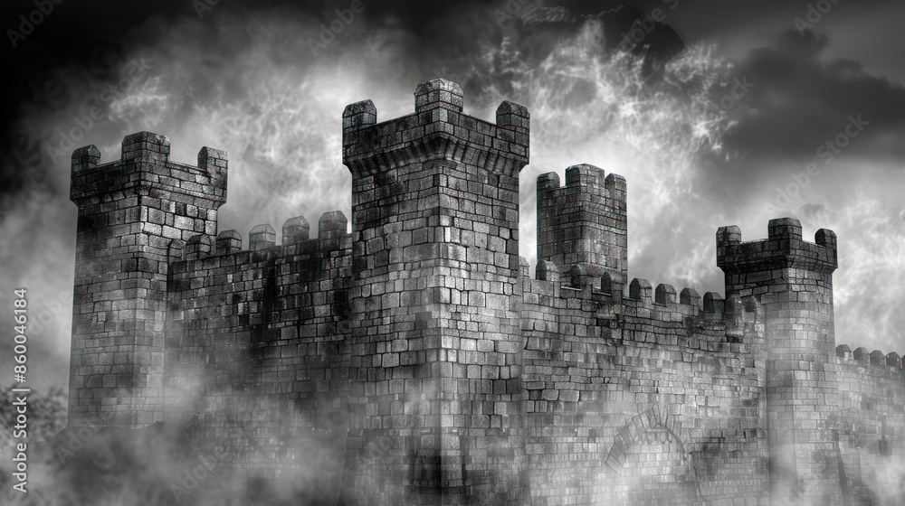 Fototapeta premium Ancient Stone Fortress Amidst the Fog